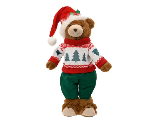 Bear polyester boy standing red/brown L.45cm x W.25cm x H.90cm