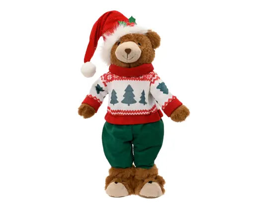 Bear polyester boy standing red/brown L.28cm x W.13cm x H.47cm