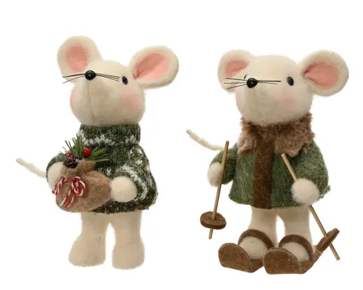 Green wool Christmas mouse with clothes, skis and bag, 23cm tall