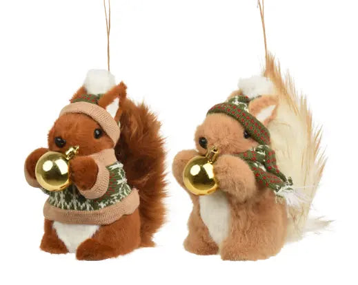 Squirrel artificial fur polyester hat and scarf, gold bauble  assorted L.9cm x W.18cm x H.14cm