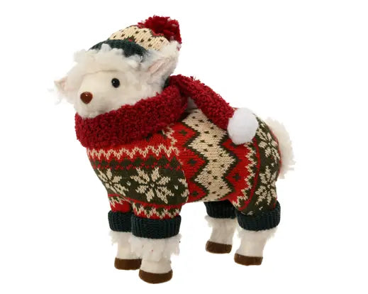 Green and red Christmas sheep with hat and cloth, 26cm tall