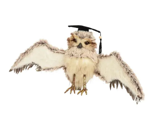 Owl artificial fur flying with glasses and hat,feathers grey L.12cm x W.28cm x H.19cm