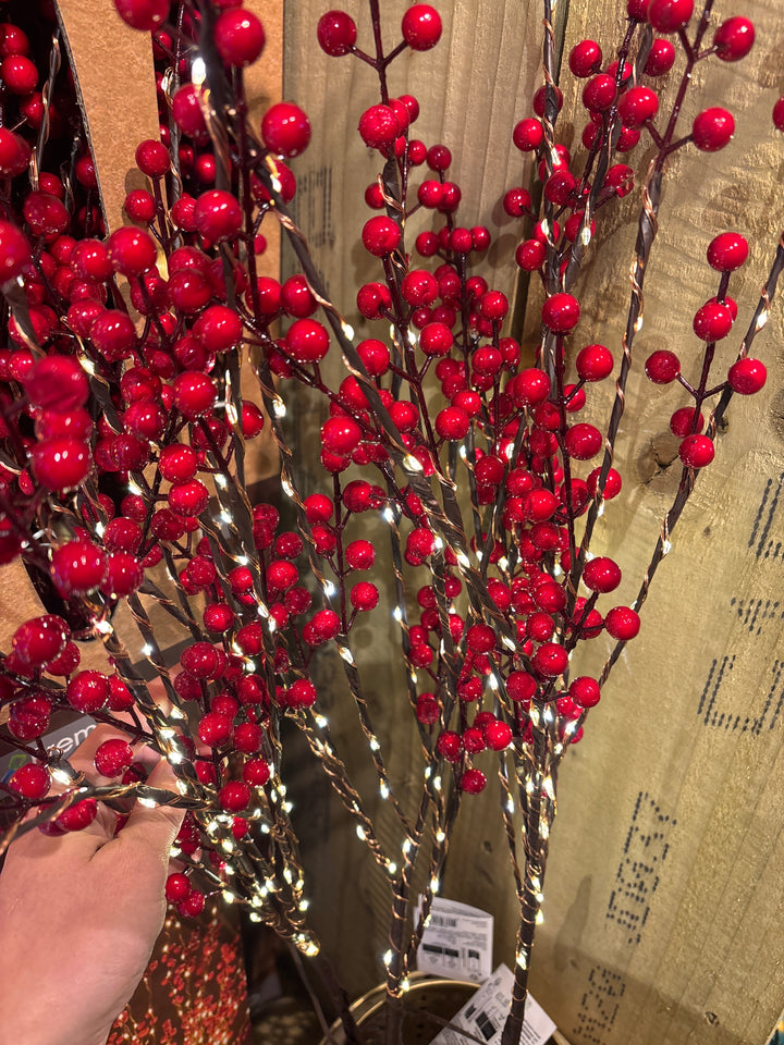 1m Set of 3 Red Holly Berry Branch 180 WW MicroBright LEDs