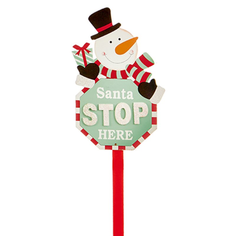 90cm Wood Santa Stop Here Sign Stake Asst Santa - Snowman - Reindeer