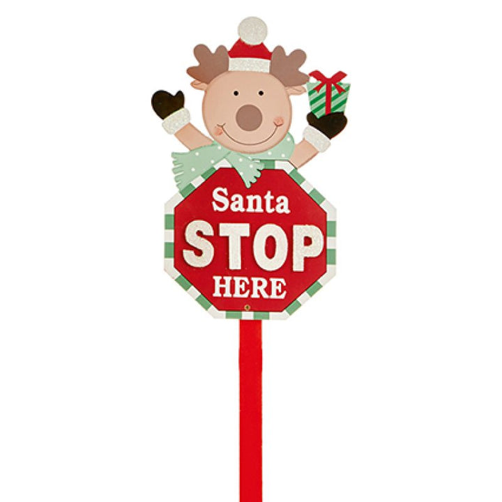 90cm Wood Santa Stop Here Sign Stake Asst Santa - Snowman - Reindeer