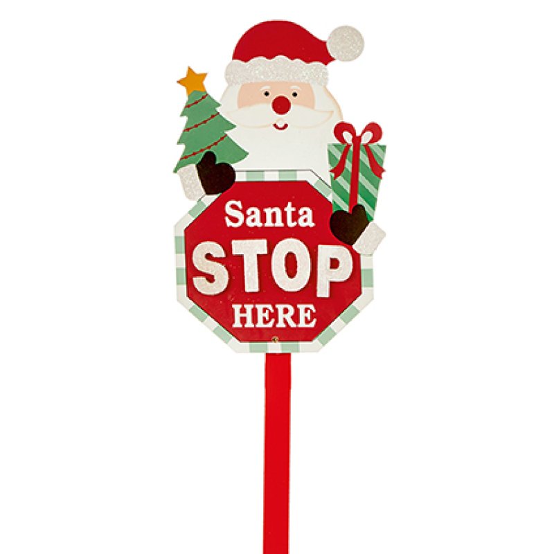 90cm Wood Santa Stop Here Sign Stake Asst Santa - Snowman - Reindeer