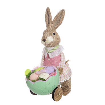 42Cm Mabel Rustic Female Bunny In Floral Dress With Cart - Easter - Windyridge Garden Centre