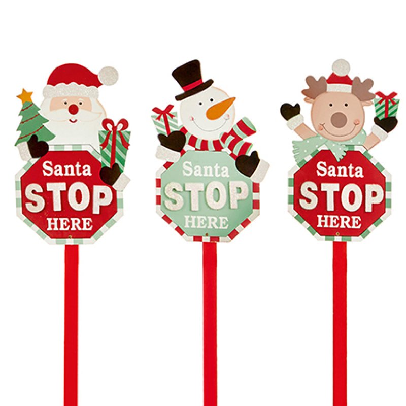 90cm Wood Santa Stop Here Sign Stake Asst Santa - Snowman - Reindeer