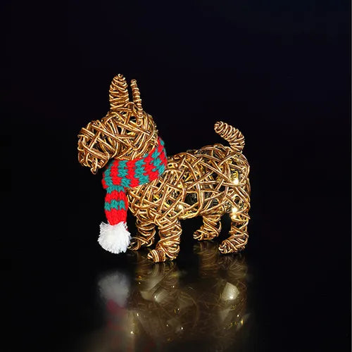 Noma 28cm brown wicker Scottie dog with 30 LEDs, alternate view