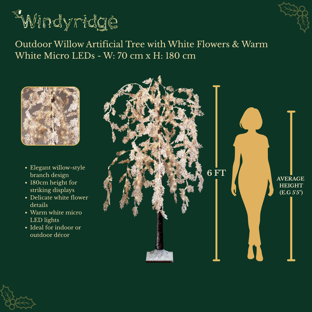 Outdoor willow artificial Christmas tree with white flowers and warm white micro LEDs, 180cm tall, alternate view