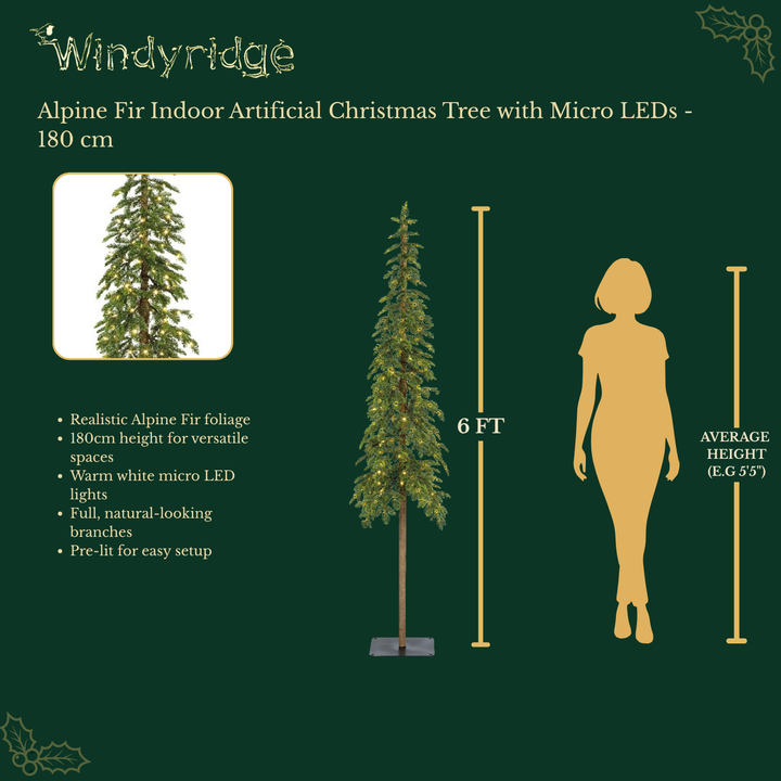 Alpine Fir Indoor Artificial Christmas Tree with Micro LEDs - 180 cm
