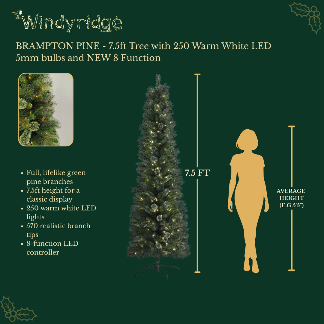 Brampton Pine Pre-Lit Artificial Christmas Tree with 250 Warm White LEDs (8 Functions) - 7.5 ft