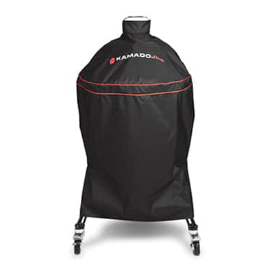 Kamado Joe Big Joe grill cover fitted over a Big Joe kamado and cart, with sleeve for the top vent
