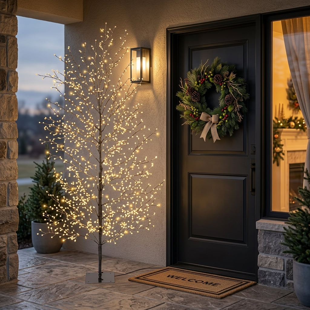 Black full-branch outdoor artificial Christmas tree with classic warm micro LEDs, 150cm tall