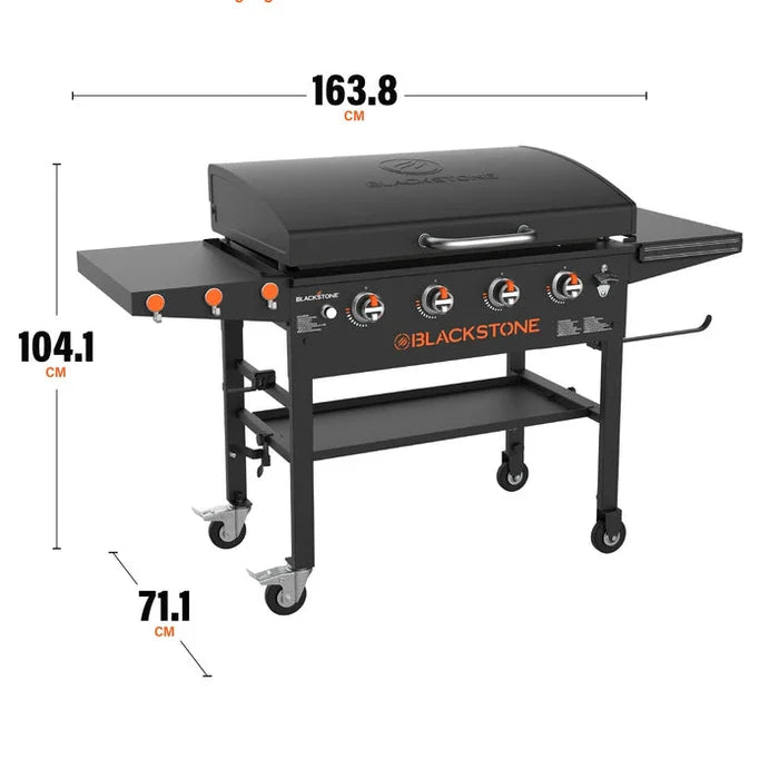 Blackstone grill with dimensions labeled on a white background