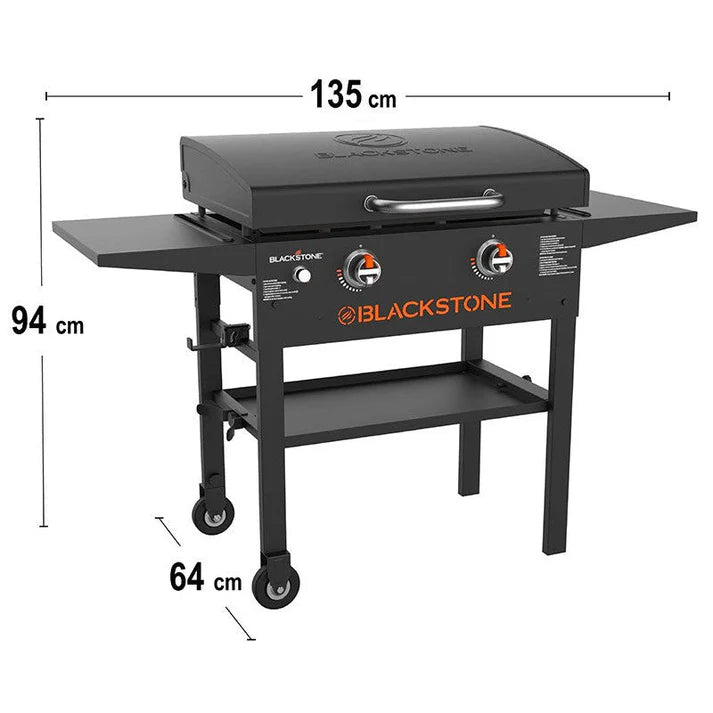 Blackstone grill with dimensions labeled on a white background