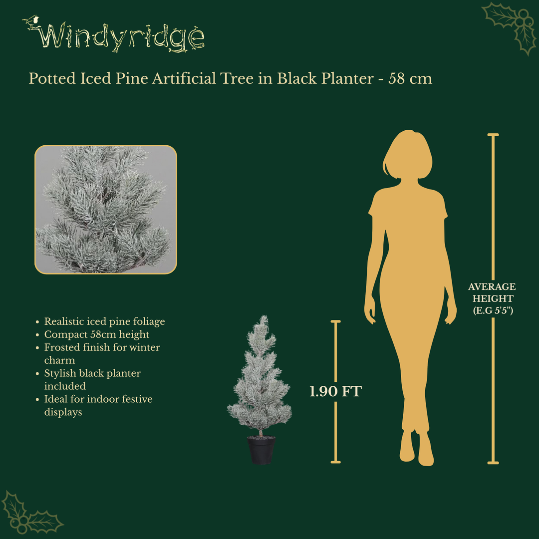 Potted Iced Pine Artificial Tree in Black Planter - 58 cm