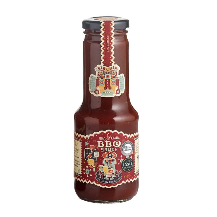 Bottle of BBQ sauce with a colorful label on a white background