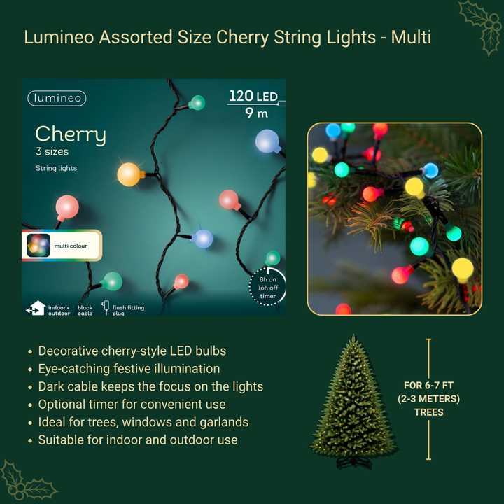 LED Cherry Lights - Plug-In - Steady Light - Multi-Colour on Black Cable - Outdoor (L. 900cm)