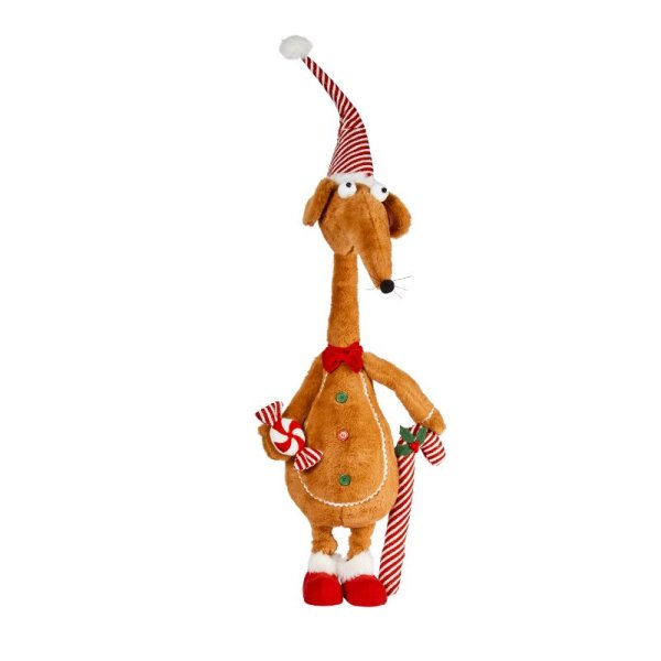 Plush reindeer toy with a striped hat and candy canes on a white background
