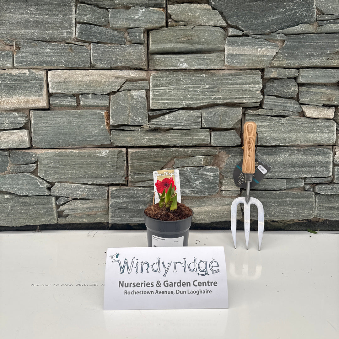 Decorative stone wall with a garden trowel, plant, and Windyridge Nurseries & Garden Centre sign.