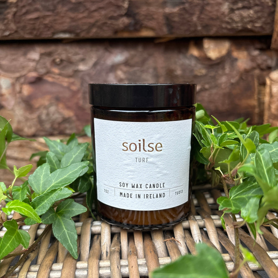 Soilse Irish turf and eucalyptus scented apothecary candle with minimalist label