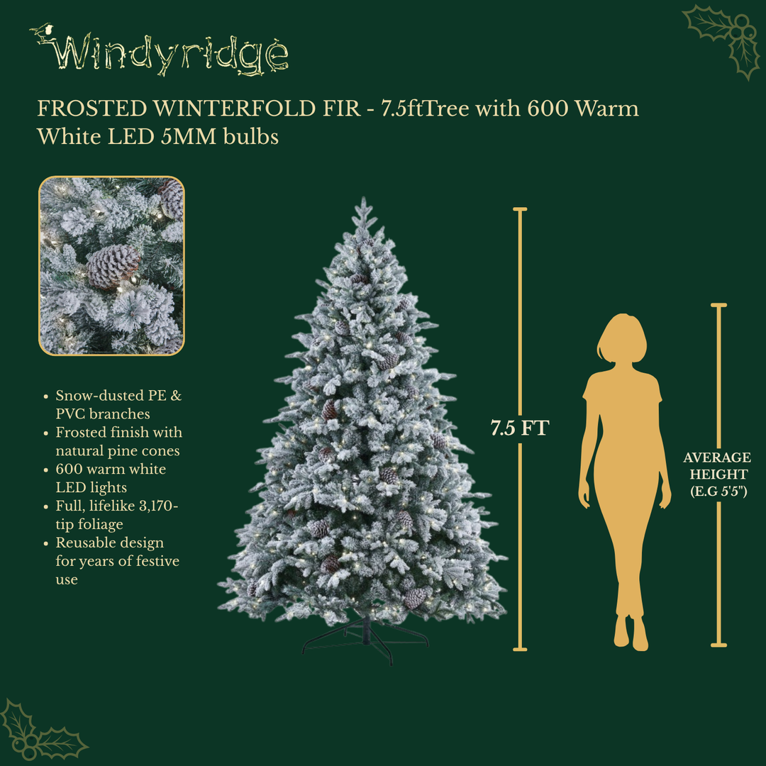 Frosted Winterfold Fir Premium Pre-Lit Artificial Christmas Tree with 600 Warm White LEDs - 7.5 ft