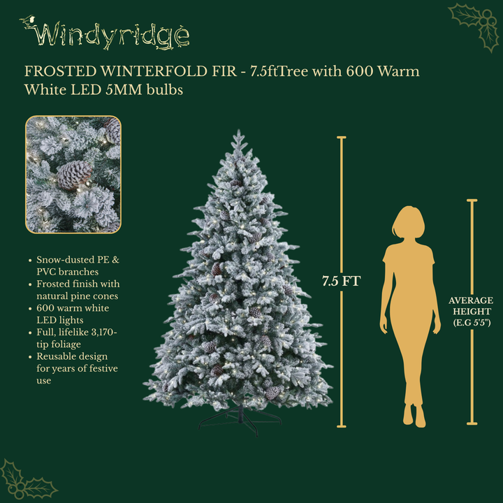 Frosted Winterfold Fir Premium Pre-Lit Artificial Christmas Tree with 600 Warm White LEDs - 7.5 ft