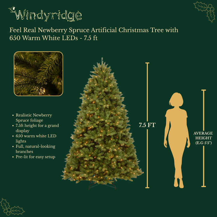 Feel Real Newberry Spruce Artificial Christmas Tree with 650 Warm White LEDs - 7.5 ft