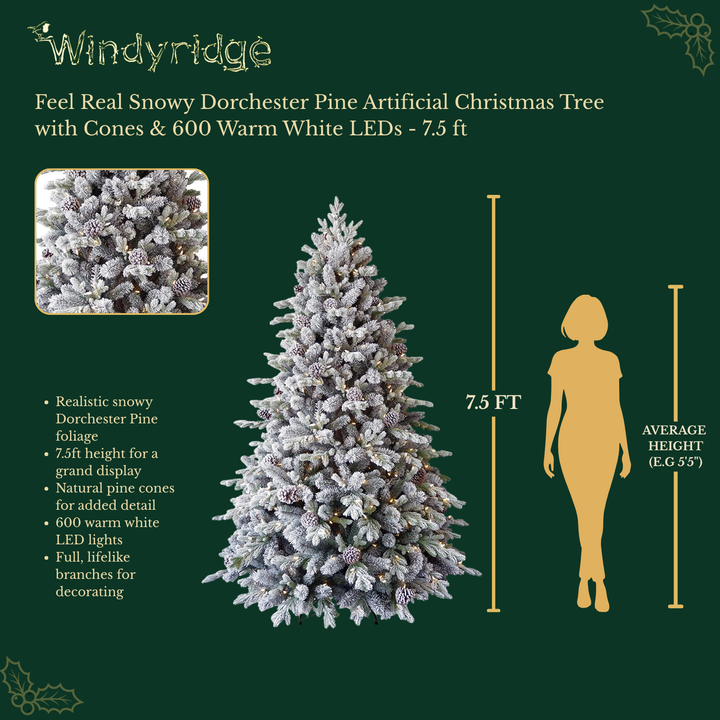 Feel Real Snowy Dorchester Pine Artificial Christmas Tree with Cones & 600 Warm White LEDs - 7.5 ft