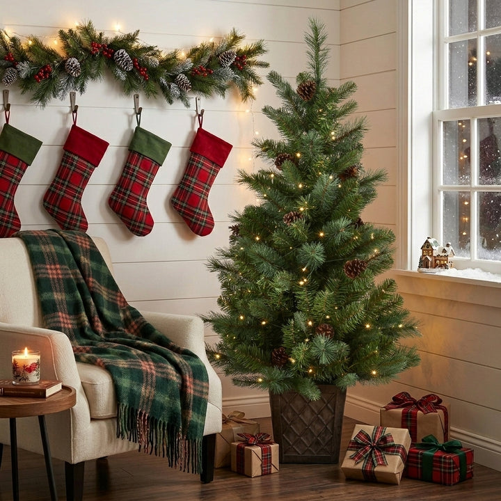 Hazelnut Pine Potted Porch Artificial Christmas Tree with 100 Warm White LEDs (8 Functions) - 4 ft