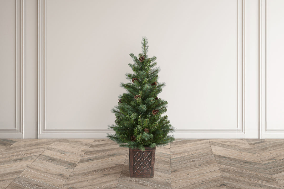 HAZELNUT PINE Porch Tree - 4ft with 100 Warm White LED 5mm bulbs and STN 8 Function - Battery Operated- Potted