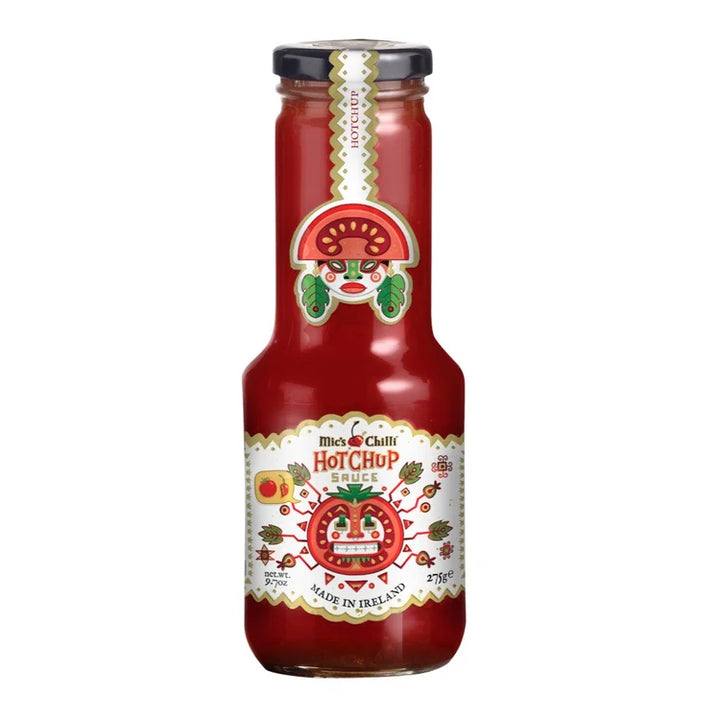 Bottle of Hotchup sauce with a decorative label on a white background