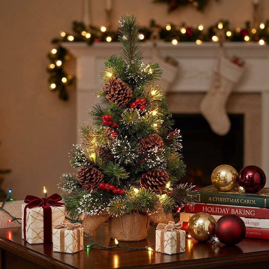 Ipswich Mini Indoor Artificial Christmas Tree with Frosted Berries & Pinecones - W: 45 cm x H: 75 cm