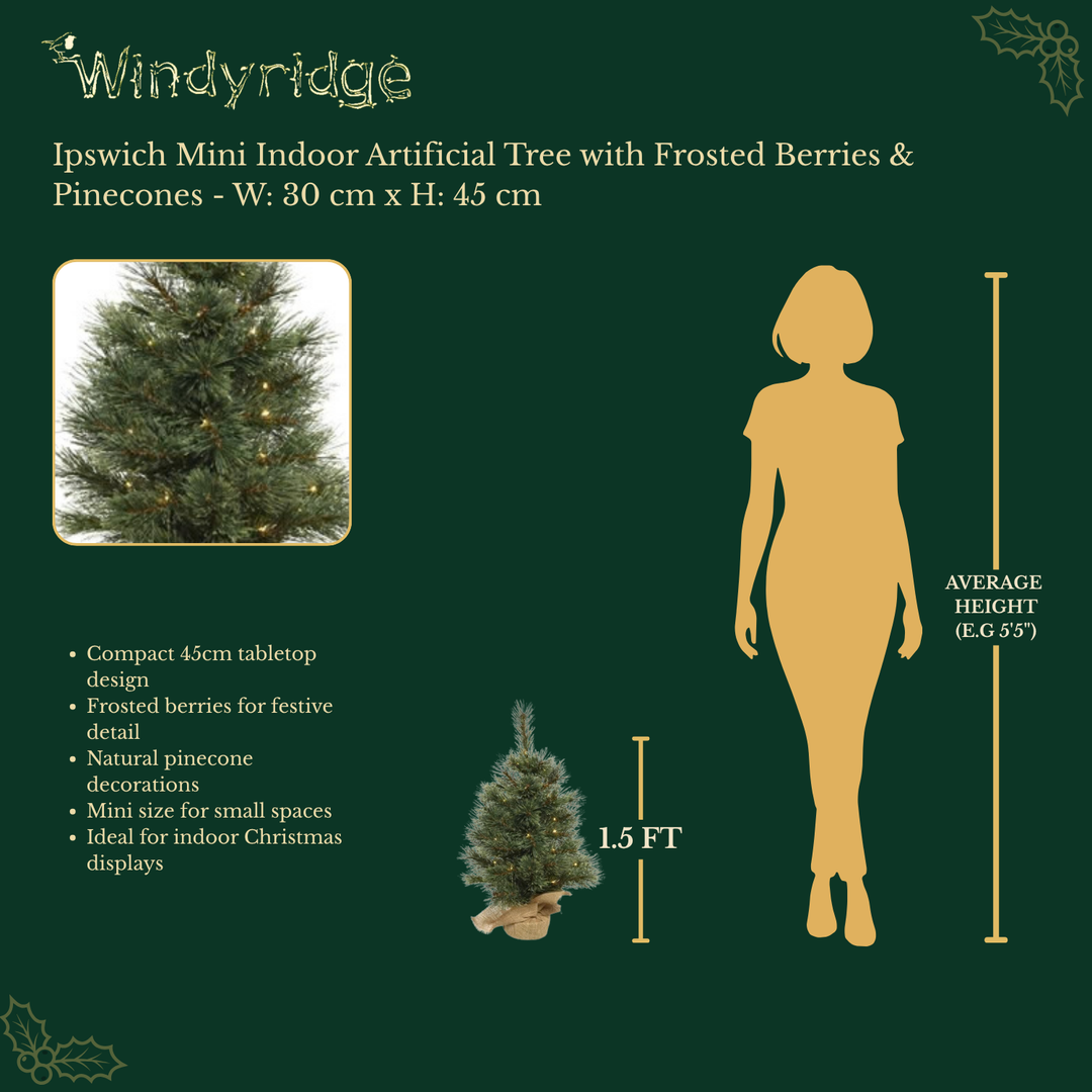 Ipswich Mini Indoor Artificial Christmas Tree with Frosted Berries & Pinecones - W: 30 cm x H: 45 cm