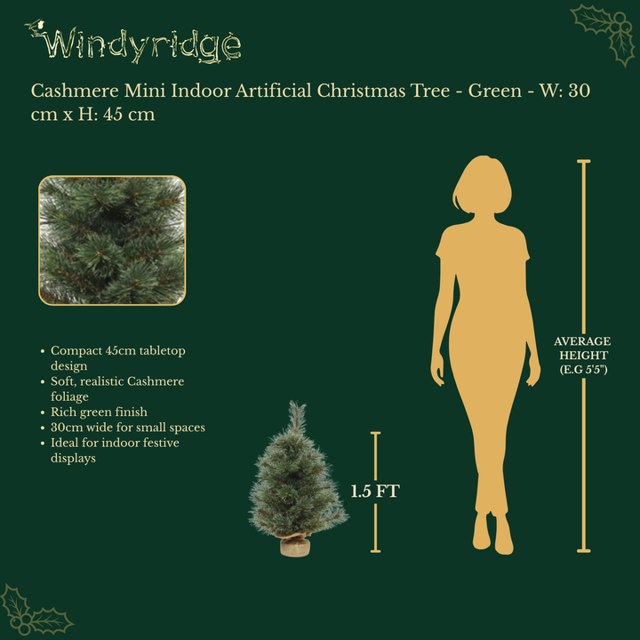 Cashmere Mini Indoor Artificial Christmas Tree - Green - W: 30 cm x H: 45 cm