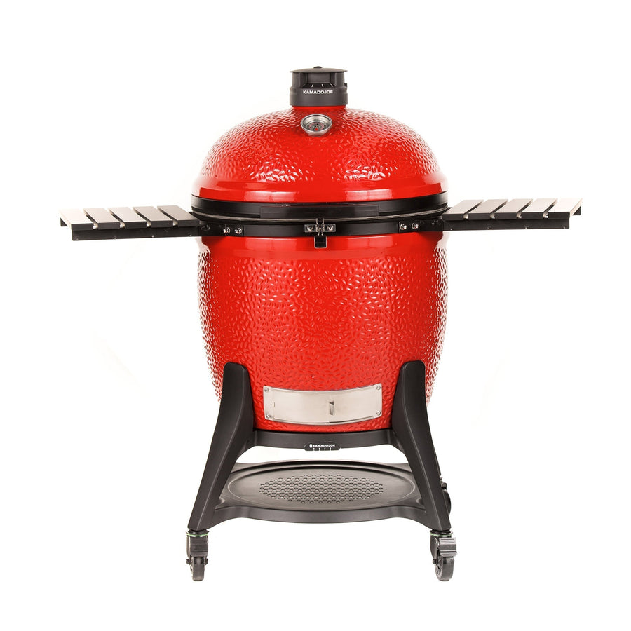 Red Kamado Joe Big Joe III 61cm ceramic kamado grill on its heavy-duty cart with folding side shelves