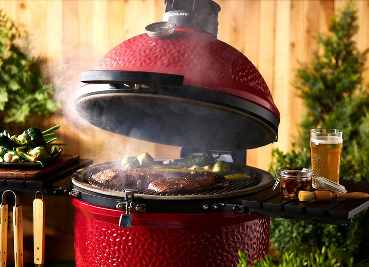 Food cooking on the Kamado Joe Big Joe II kamado grill