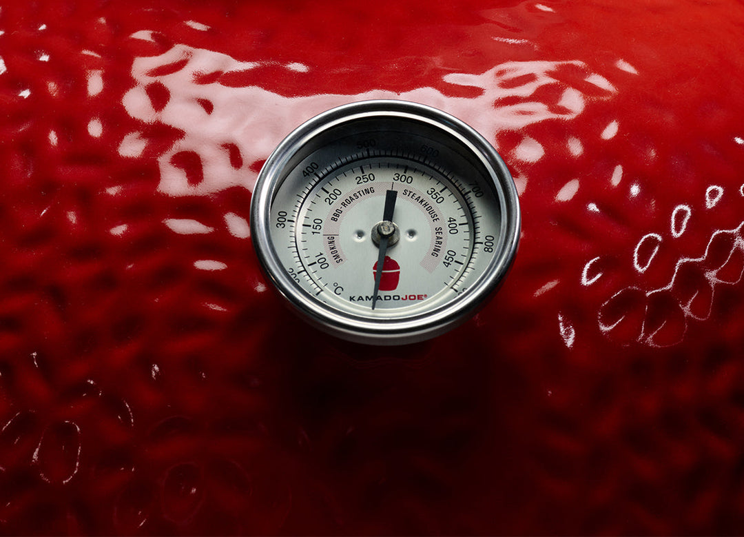 Close-up of the built-in thermometer on the Kamado Joe Big Joe III dome