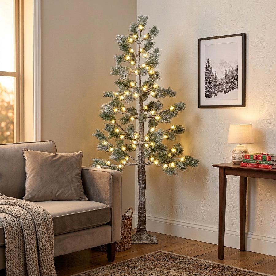 Snowy pine outdoor artificial Christmas tree in green with warm white LEDs, 180cm tall