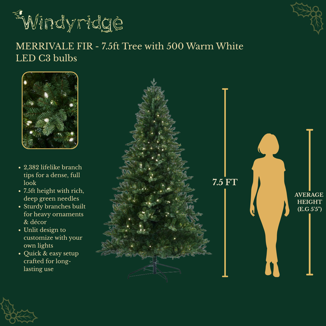 Merrivale Fir Premium Pre-Lit Artificial Christmas Tree with 500 Warm White C3 LEDs - 7.5 ft