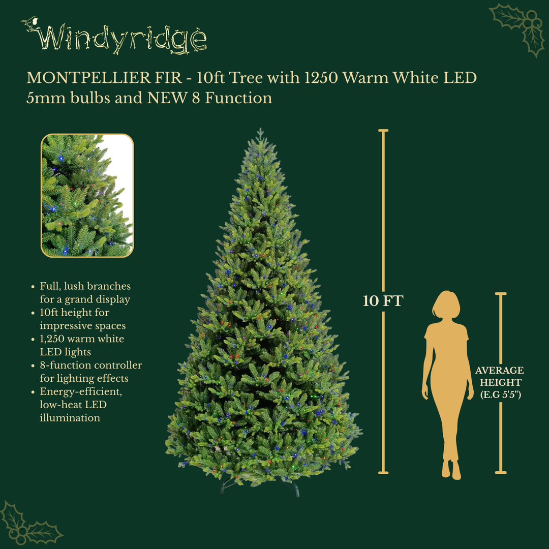 Montpellier Fir Premium Pre-Lit Artificial Christmas Tree with 1250 Warm White LEDs (8 Functions) - 10 ft