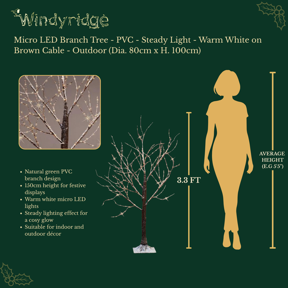 Snowy birch twig outdoor artificial Christmas tree with warm white micro LEDs, 100cm tall, alternate view