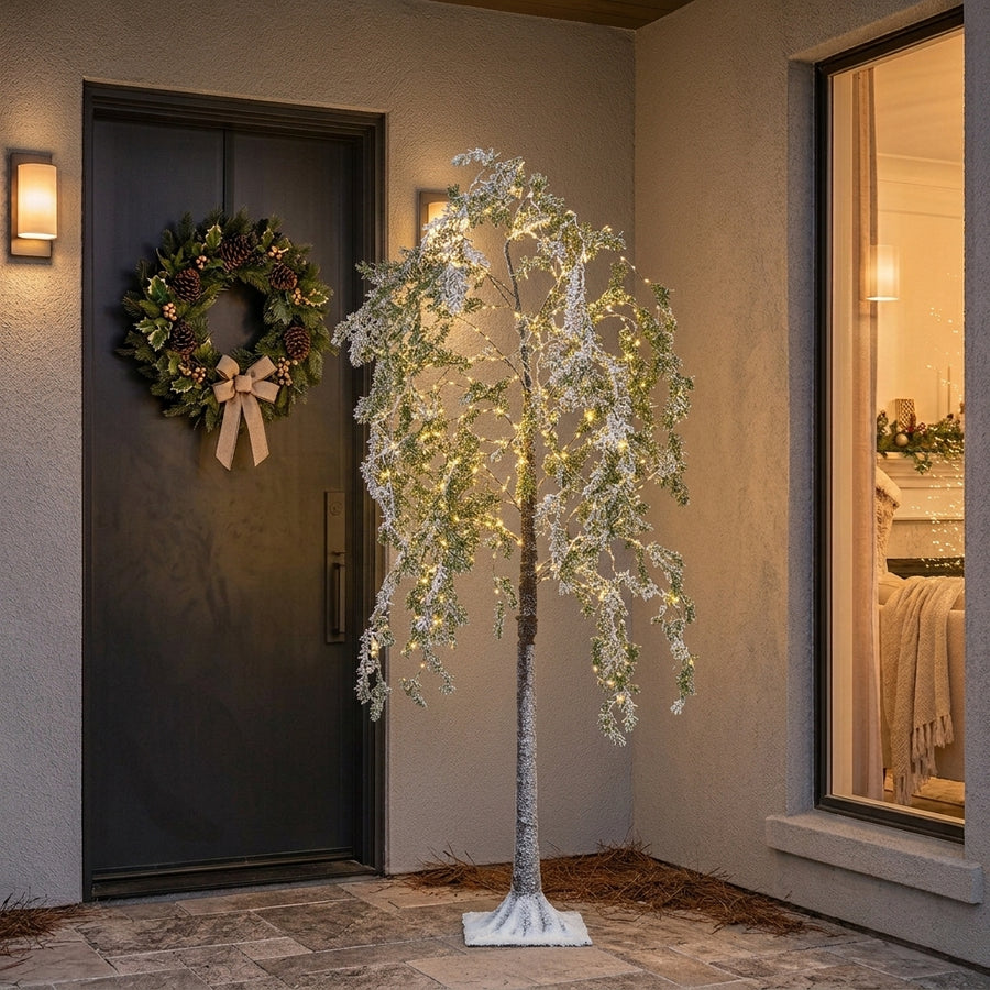 Downy birch outdoor artificial Christmas tree with warm white micro LEDs, 150cm tall