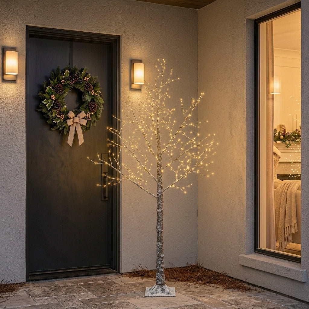 Snowy Brown Birch Twig Outdoor Artificial Christmas Tree with Warm White Micro LEDs - W: 100 cm x H: 180 cm