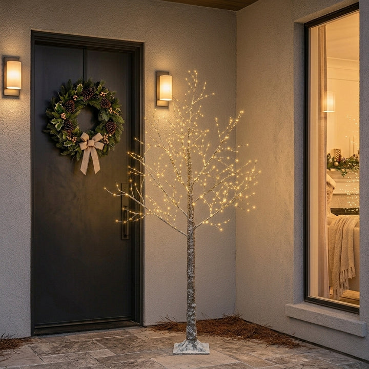 Snowy Brown Birch Twig Outdoor Artificial Christmas Tree with Warm White Micro LEDs - W: 100 cm x H: 180 cm