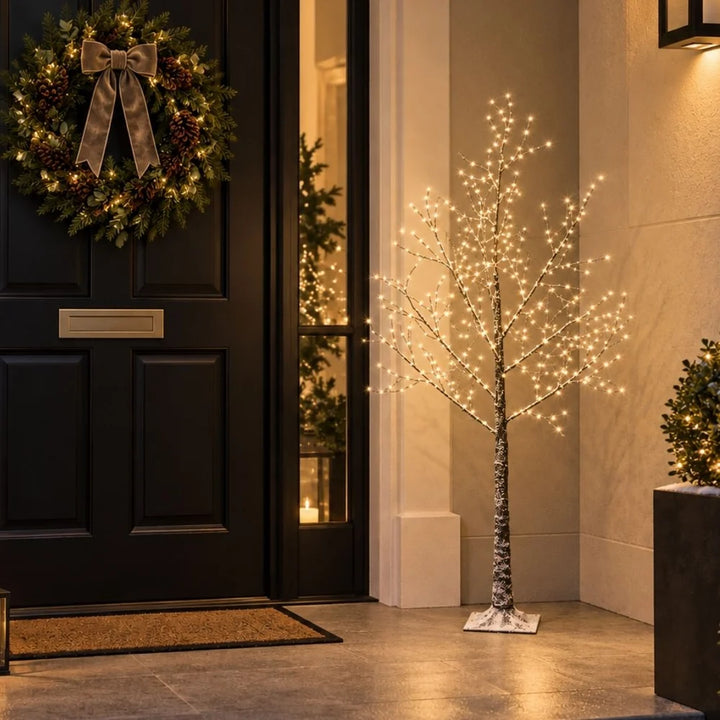 Snowy brown birch outdoor artificial Christmas tree with warm white micro LEDs, 150cm tall