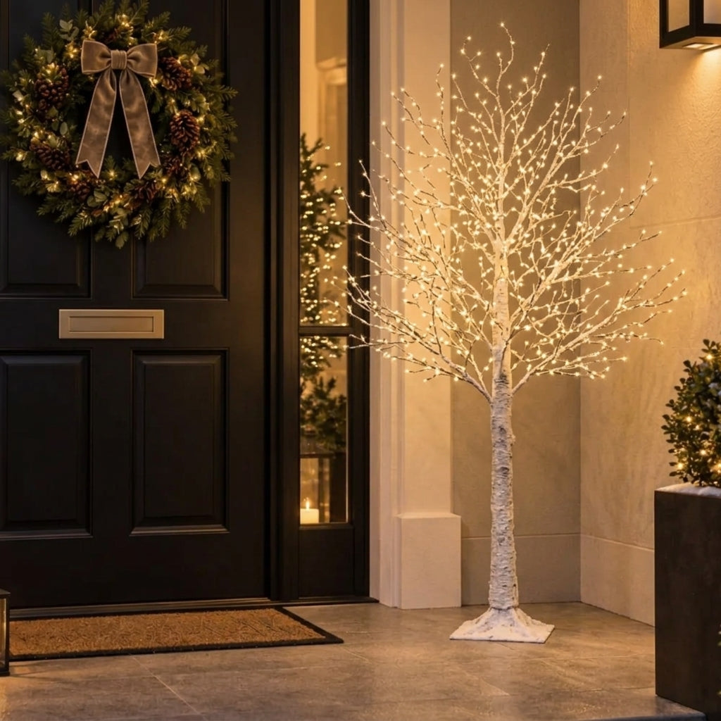 Silver Birch Outdoor Artificial Christmas Tree with Warm White Micro LEDs - W: 110 cm x H: 220 cm
