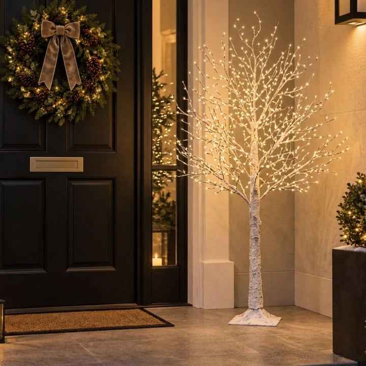 Silver Birch Outdoor Artificial Christmas Tree with Warm White Micro LEDs - W: 100 cm x H: 180 cm