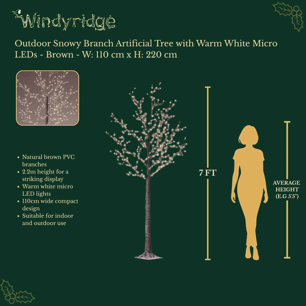 Snowy brown birch outdoor artificial Christmas tree with warm white micro LEDs, 220cm tall, alternate view